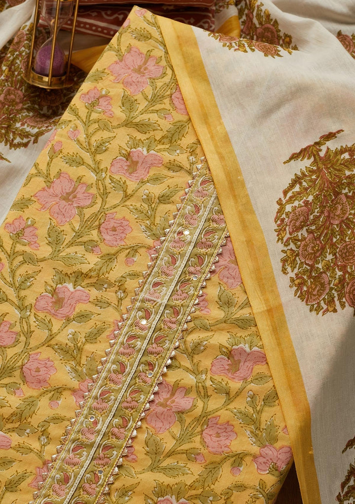 Yellow Zariwork Cotton Unstitched Salwar Suit-Koskii