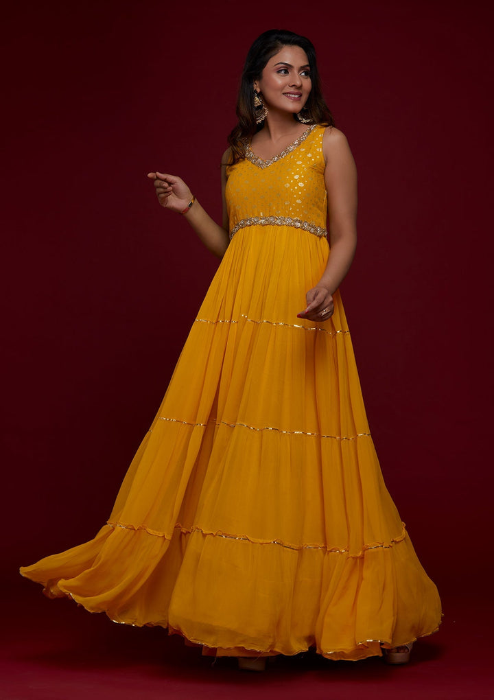 Yellow Zariwork Georgette Designer Salwar Suit - Koskii