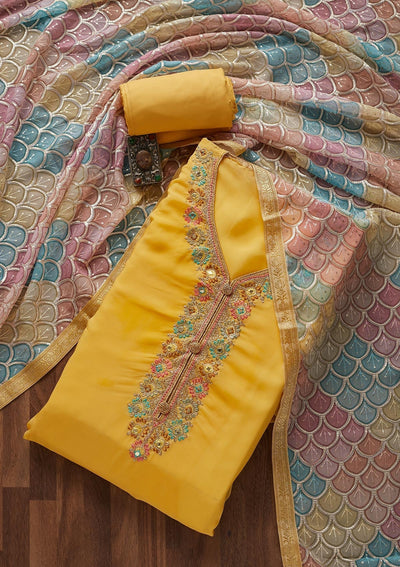 Yellow Zariwork Georgette Designer Unstitched Salwar Suit - Koskii