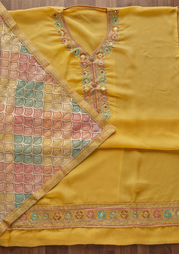 Yellow Zariwork Georgette Designer Unstitched Salwar Suit - Koskii