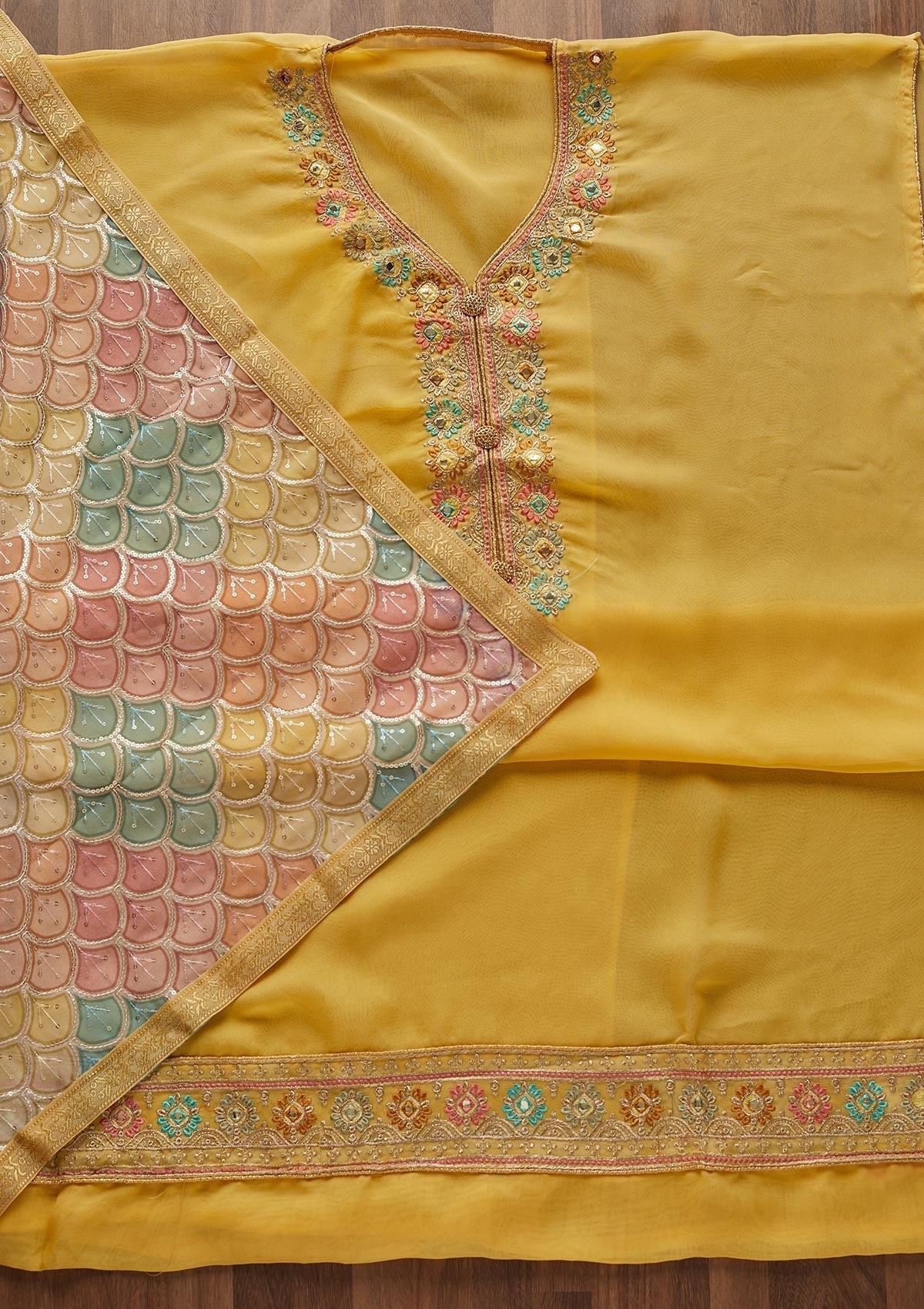 Yellow Zariwork Georgette Designer Unstitched Salwar Suit - Koskii