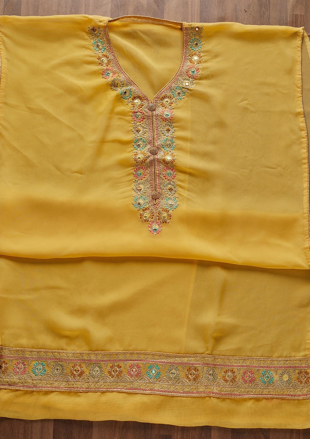 Yellow Zariwork Georgette Designer Unstitched Salwar Suit - Koskii