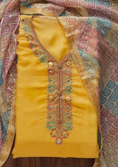 Yellow Zariwork Georgette Designer Unstitched Salwar Suit - Koskii