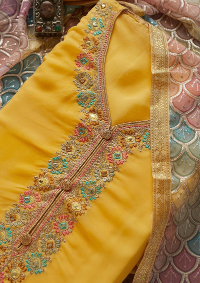 Yellow Zariwork Georgette Designer Unstitched Salwar Suit - Koskii