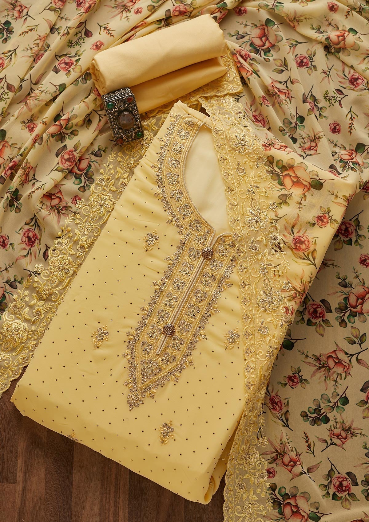 Yellow Zariwork Georgette  Unstitched Salwar Suit- Koskii