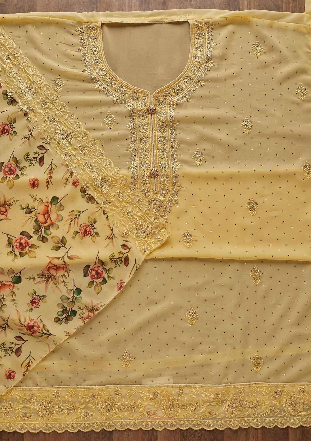 Yellow Zariwork Georgette  Unstitched Salwar Suit - Koskii