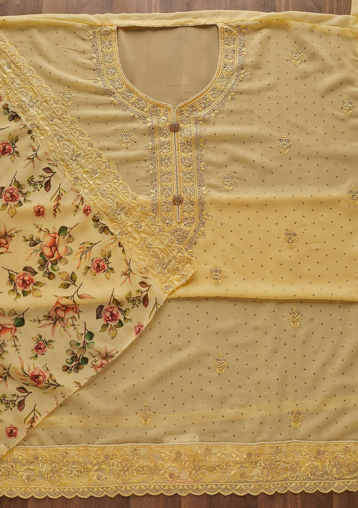 Yellow Zariwork Georgette  Unstitched Salwar Suit - Koskii