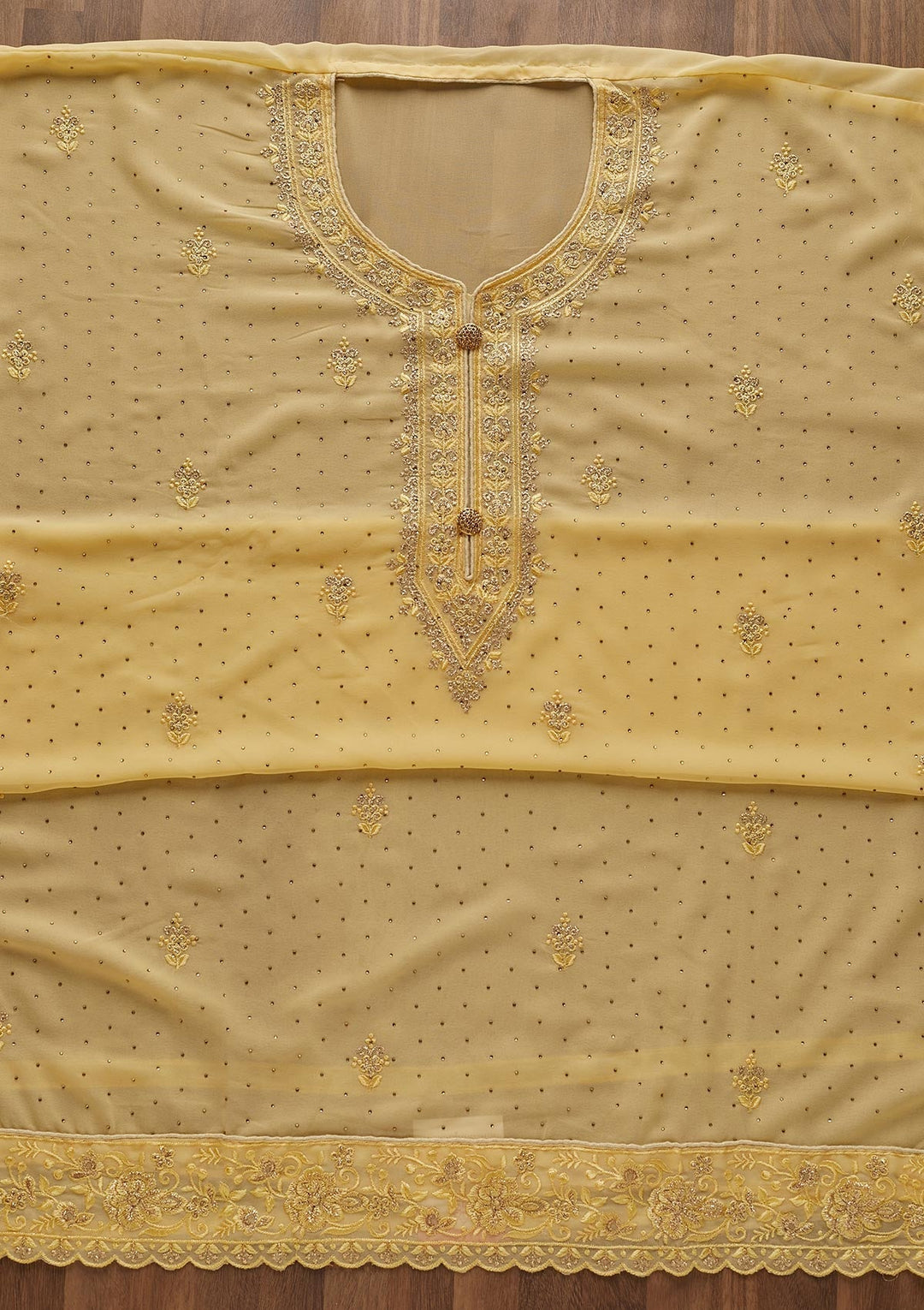 Yellow Zariwork Georgette  Unstitched Salwar Suit - Koskii