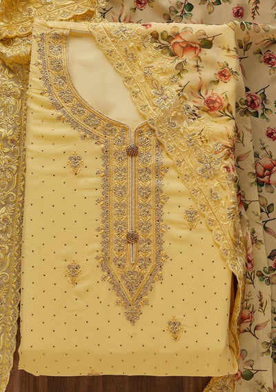 Yellow Zariwork Georgette  Unstitched Salwar Suit - Koskii