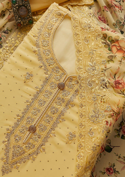 Yellow Zariwork Georgette  Unstitched Salwar Suit - Koskii
