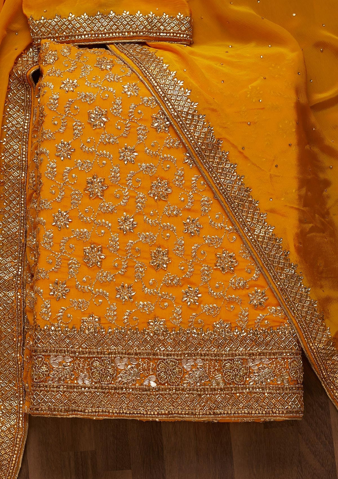 Yellow Zariwork Georgette Unstitched Salwar Suit - Koskii