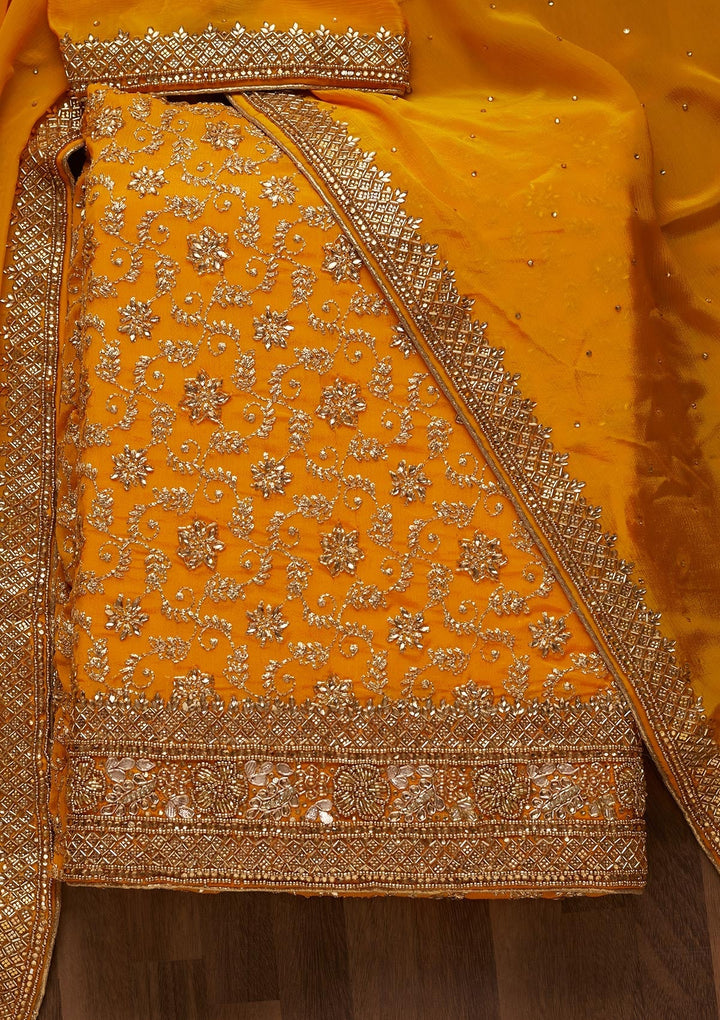 Yellow Zariwork Georgette Unstitched Salwar Suit - Koskii