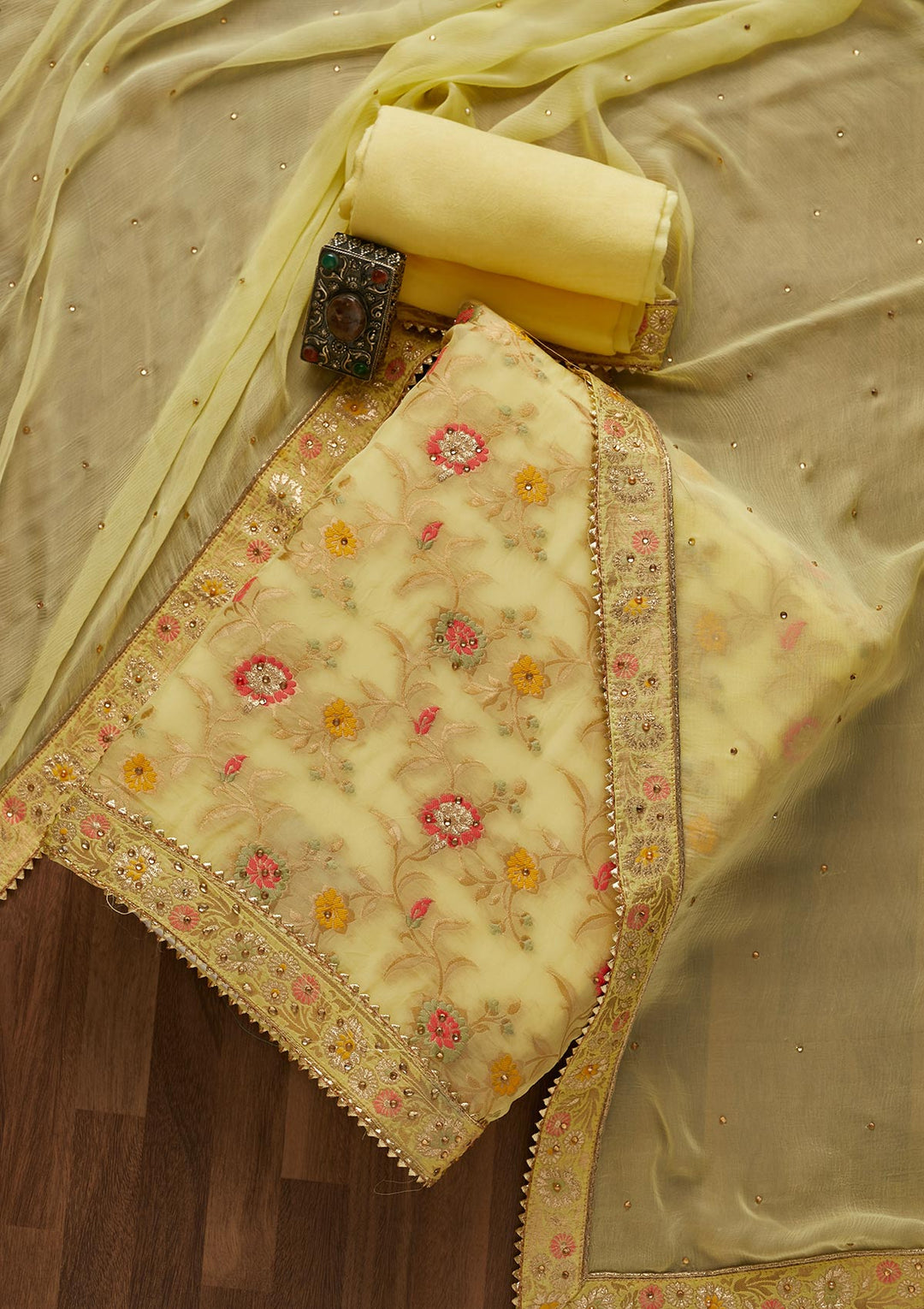 Yellow Zariwork Georgette Unstitched Salwar Suit-Koskii