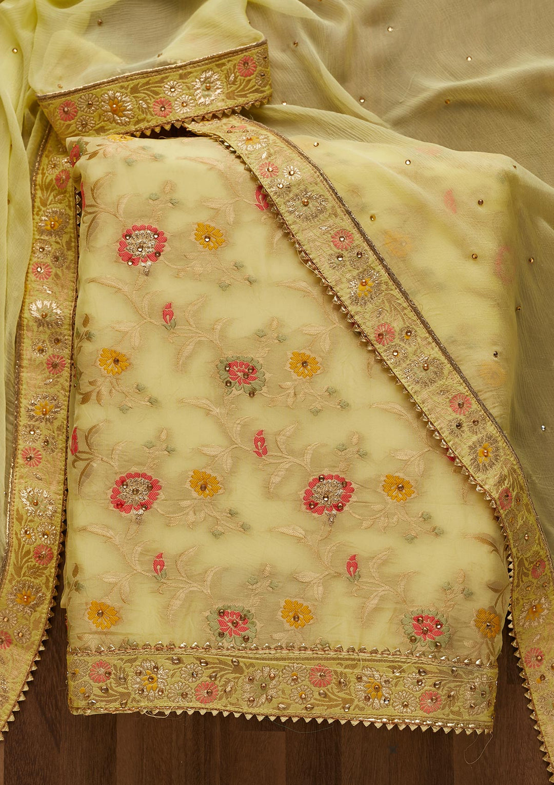 Yellow Zariwork Georgette Unstitched Salwar Suit-Koskii