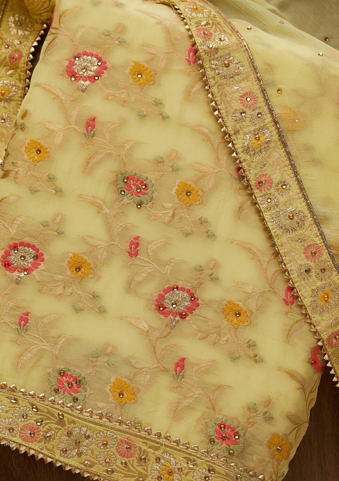 Yellow Zariwork Georgette Unstitched Salwar Suit-Koskii