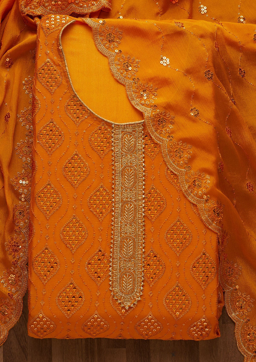 Yellow Zariwork Georgette Unstitched Salwar Suit-Koskii