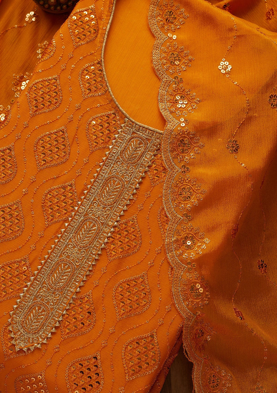 Yellow Zariwork Georgette Unstitched Salwar Suit-Koskii