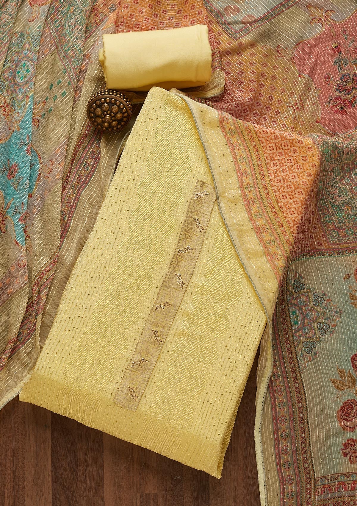 Yellow Zariwork Georgette Unstitched Salwar Suit-Koskii
