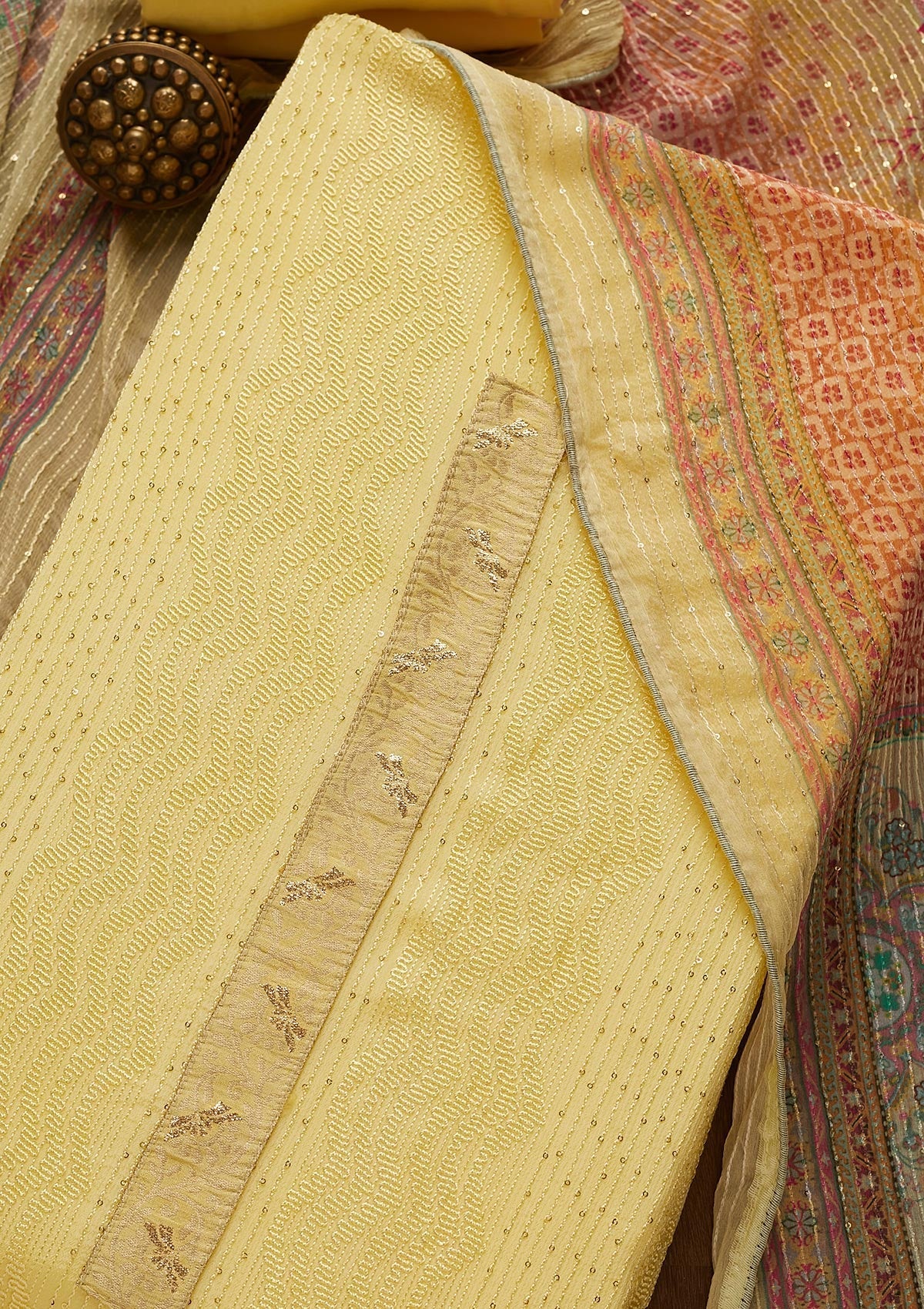 Yellow Zariwork Georgette Unstitched Salwar Suit-Koskii