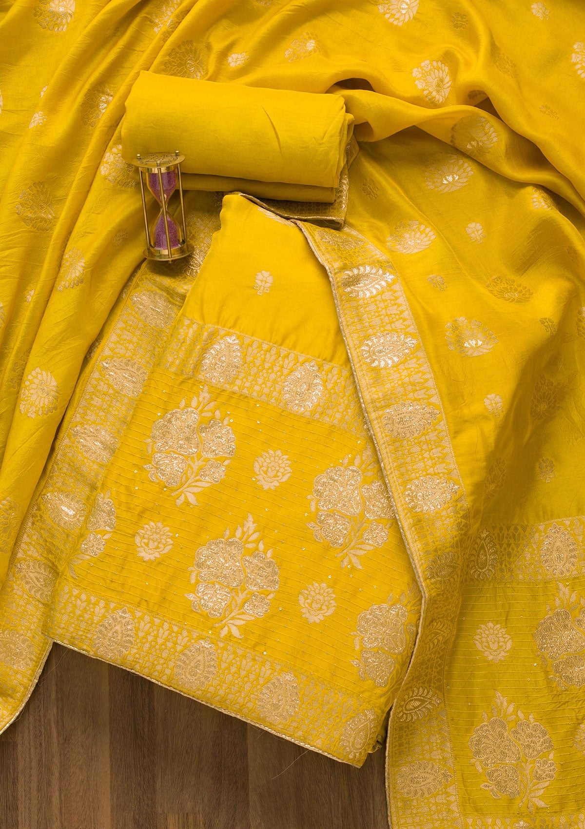 Yellow Zariwork Georgette Unstitched Salwar Suit-Koskii
