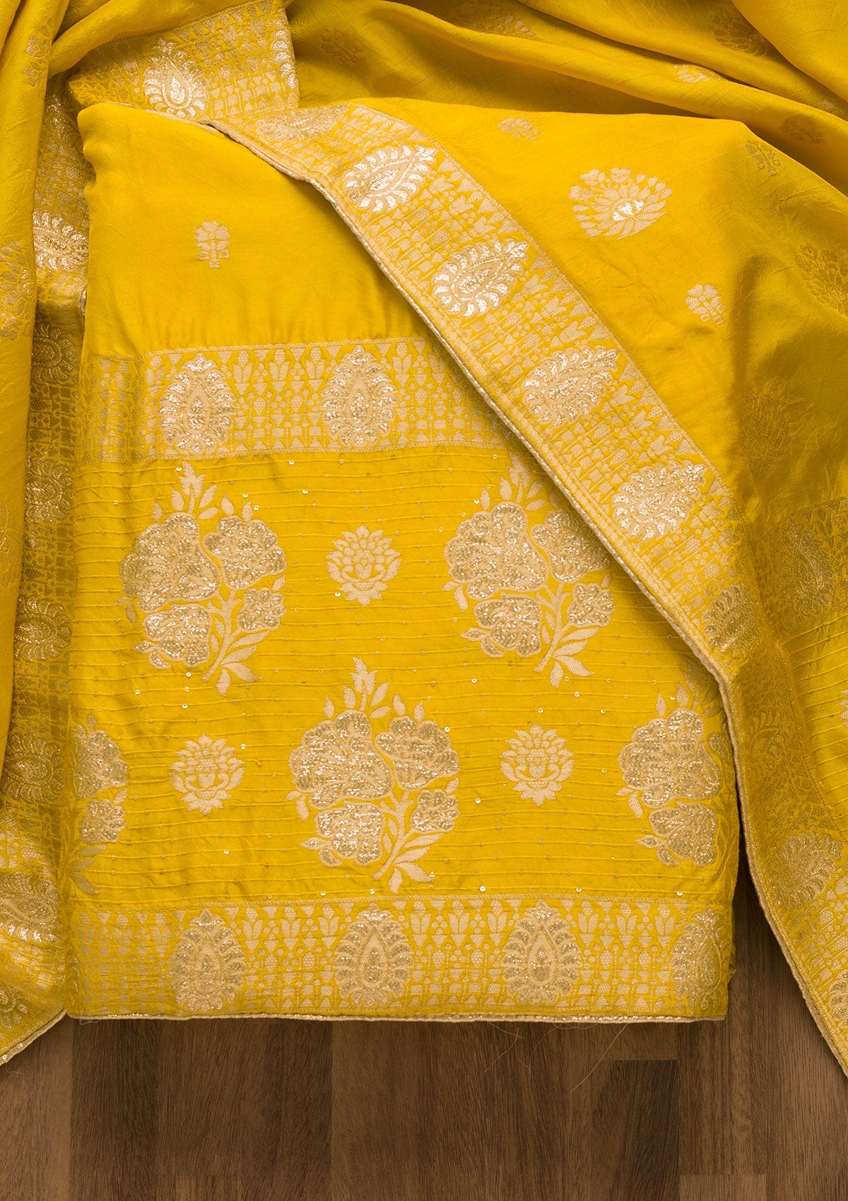 Yellow Zariwork Georgette Unstitched Salwar Suit-Koskii