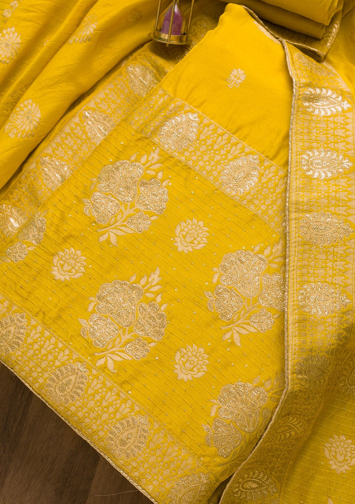 Yellow Zariwork Georgette Unstitched Salwar Suit-Koskii