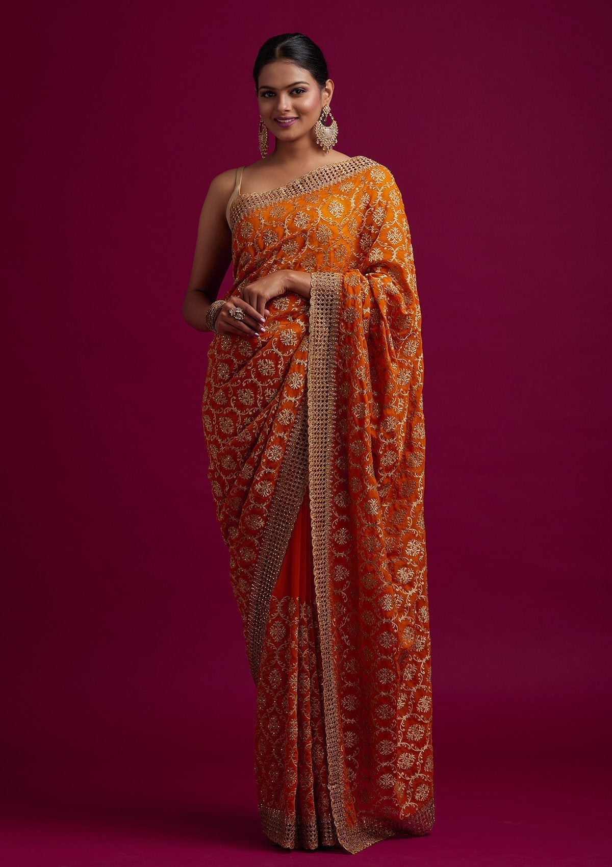 Yellow Zariwork Georgette Designer Saree - koskii
