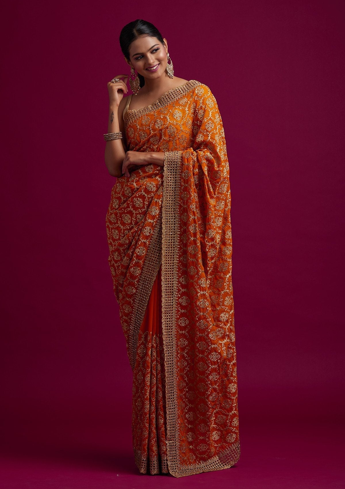 Yellow Zariwork Georgette Designer Saree - koskii