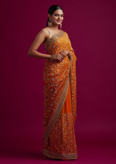 Yellow Zariwork Georgette Designer Saree - koskii