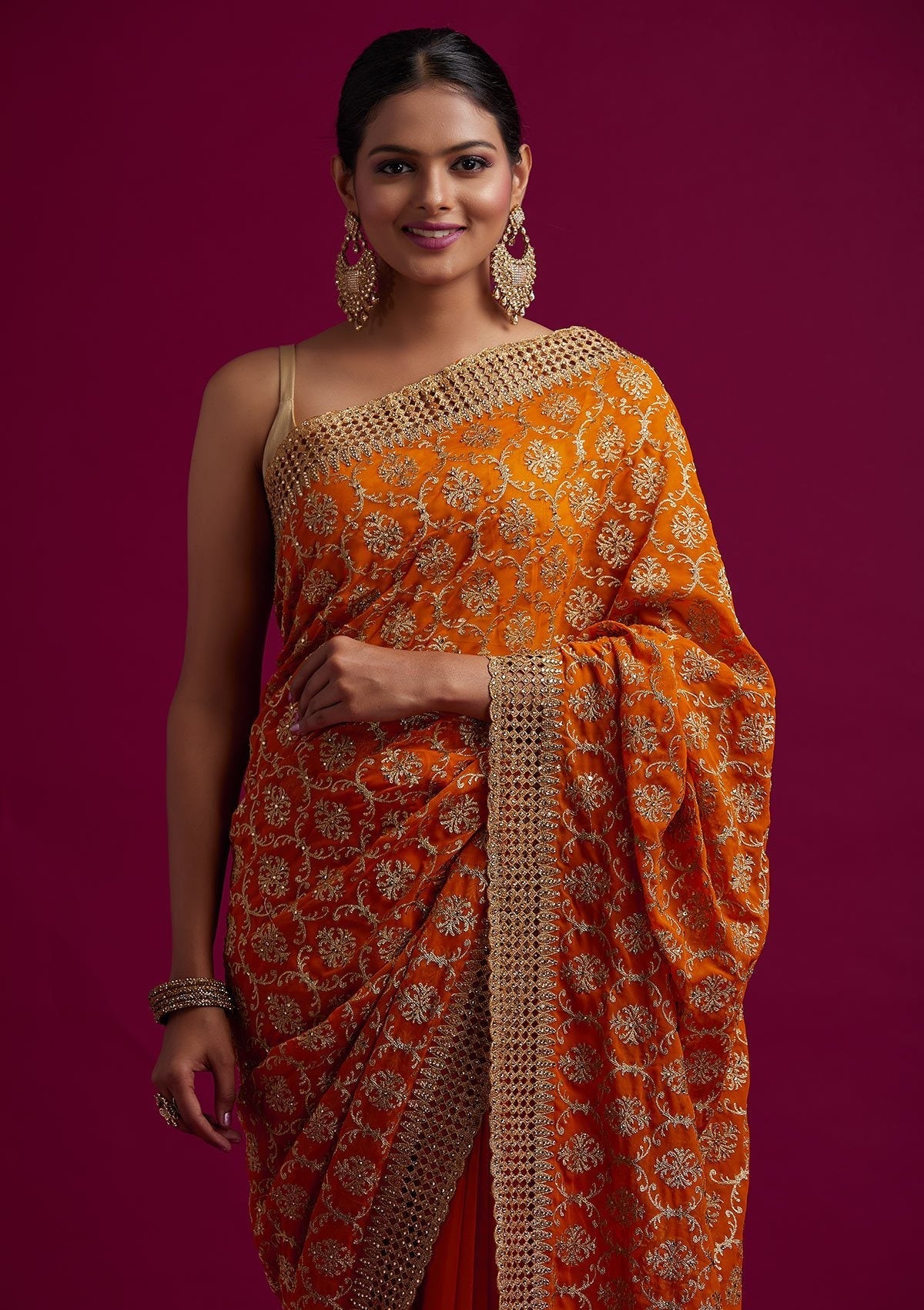 Yellow Zariwork Georgette Designer Saree - koskii