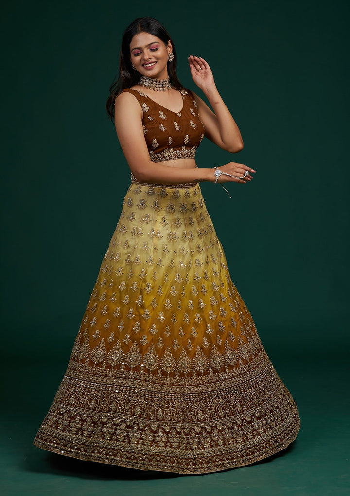 Yellow Zariwork Net Designer Lehenga-Koskii