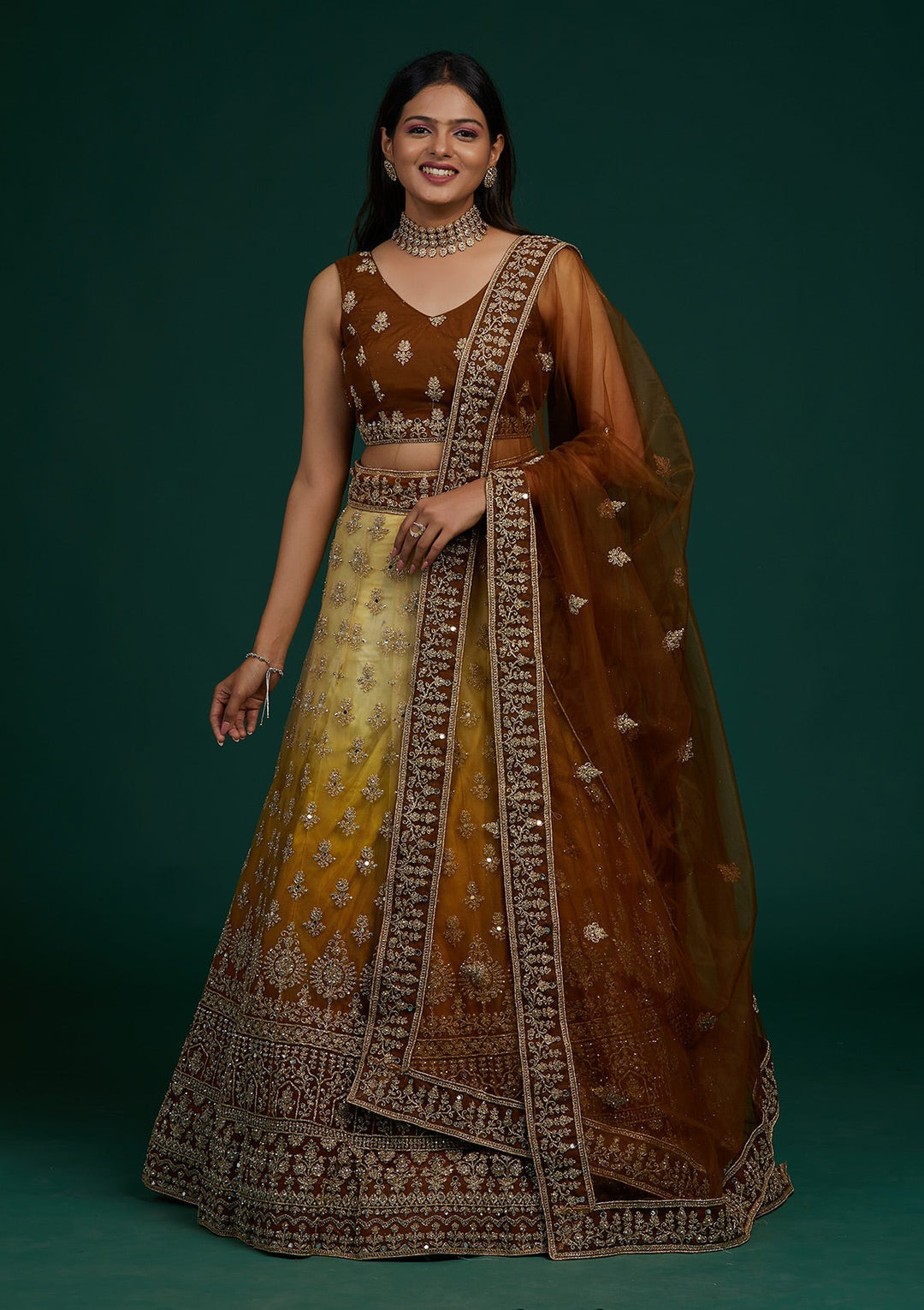 Yellow Zariwork Net Designer Lehenga-Koskii