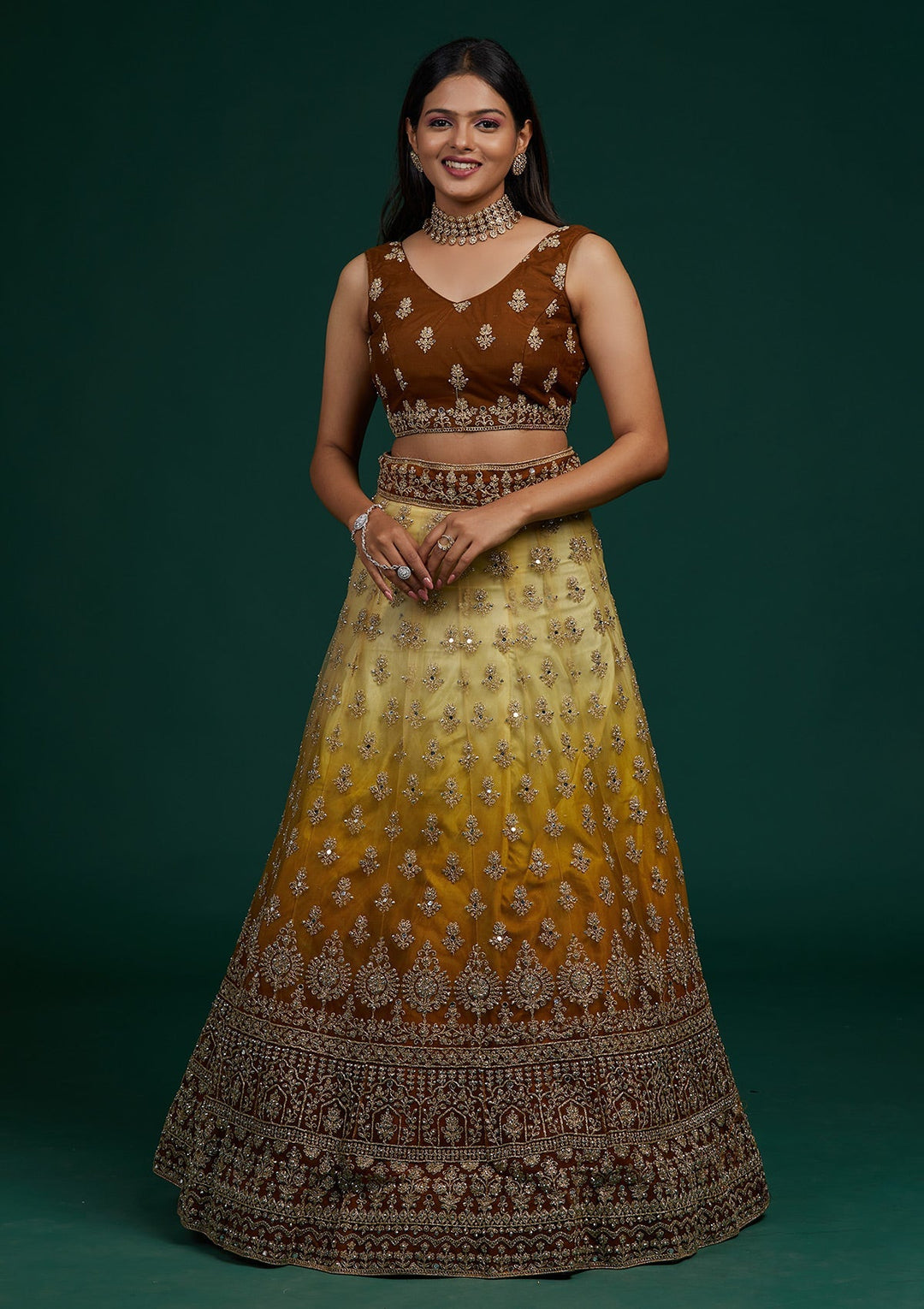 Yellow Zariwork Net Designer Lehenga-Koskii