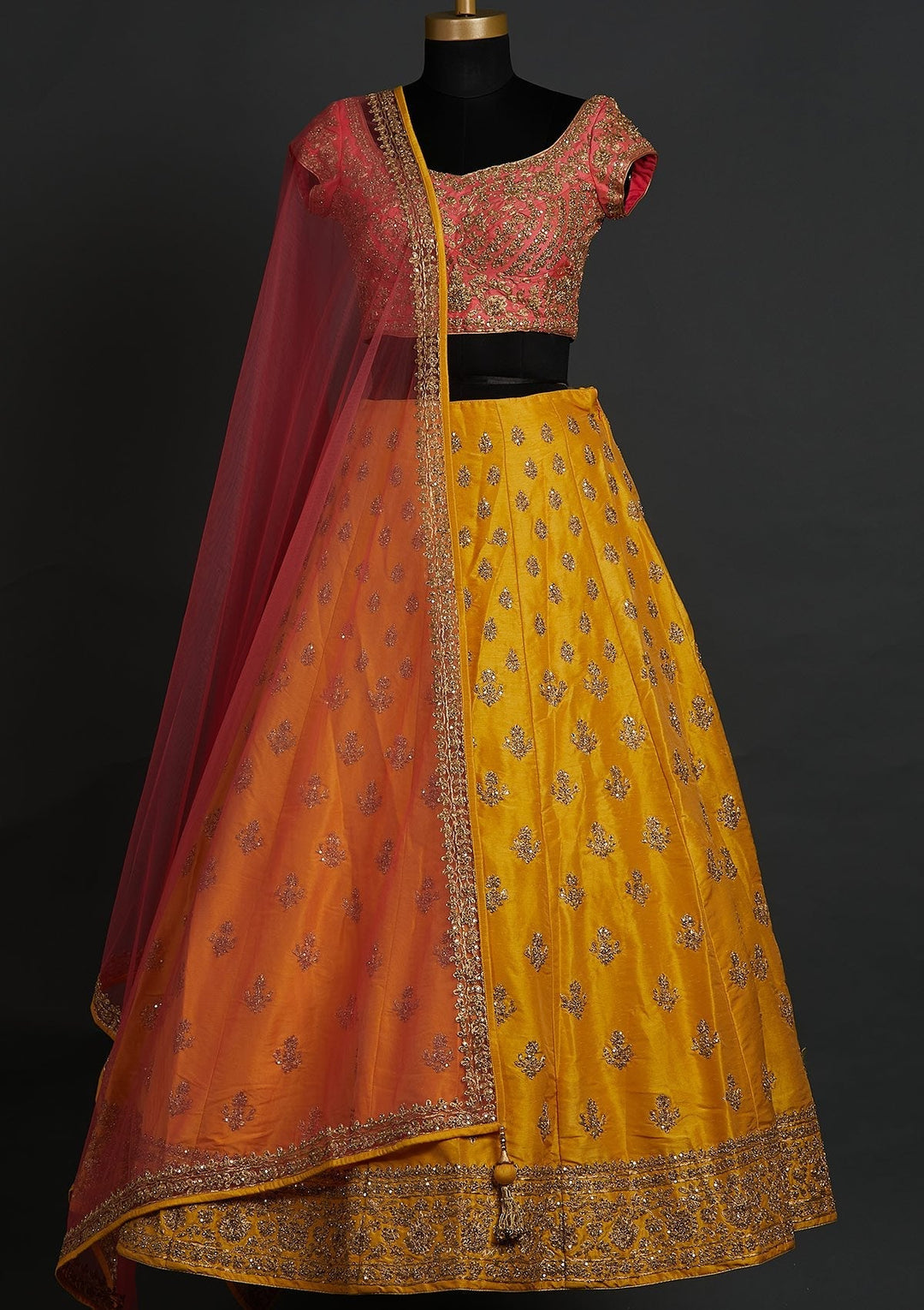 Yellow Zariwork Raw Silk Designer Lehenga - koskii