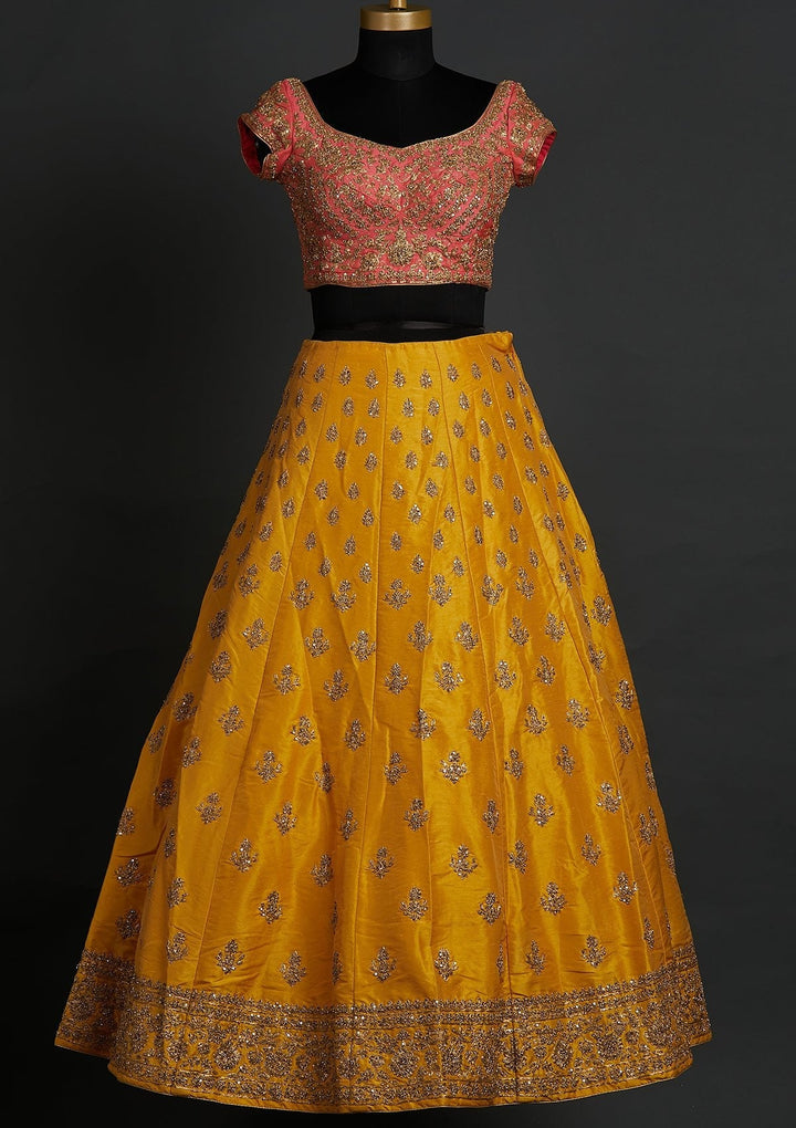 Yellow Zariwork Raw Silk Designer Lehenga - koskii