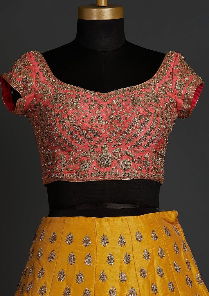 Yellow Zariwork Raw Silk Designer Lehenga - koskii