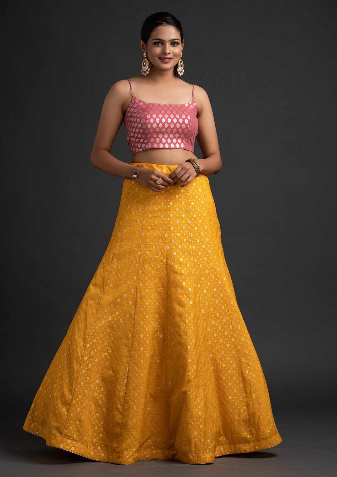 Yellow Zariwork Raw Silk Designer Skirt - koskii