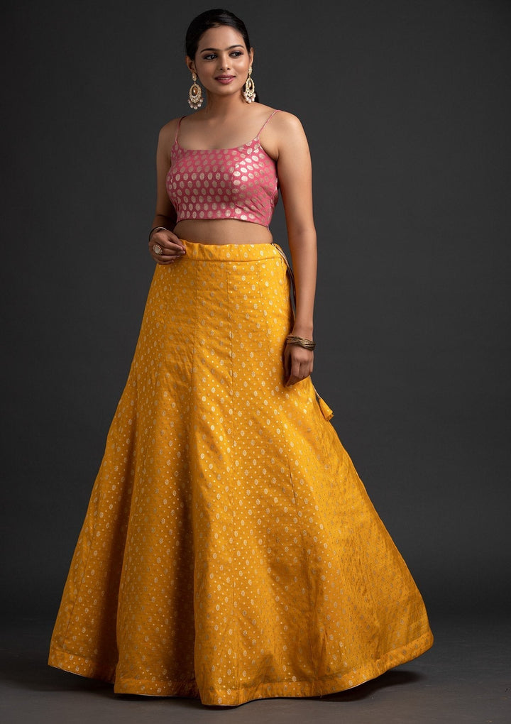 Yellow Zariwork Raw Silk Designer Skirt - koskii