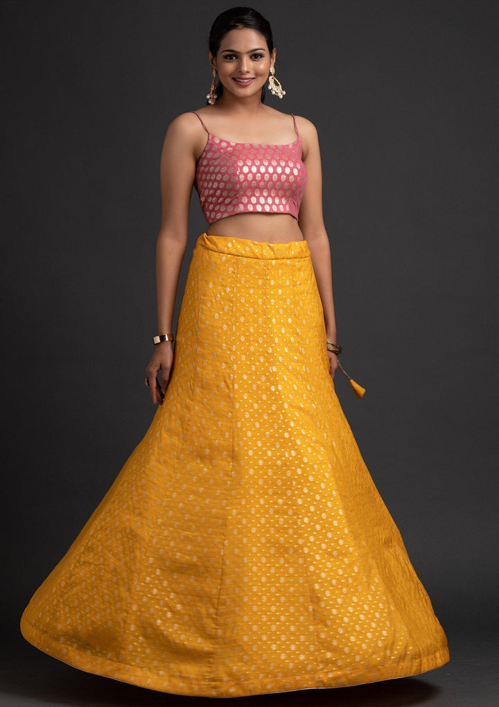 Yellow Zariwork Raw Silk Designer Skirt - koskii