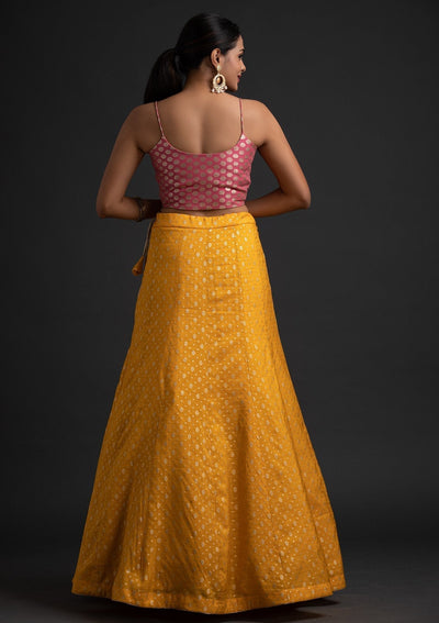 Yellow Zariwork Raw Silk Designer Skirt - koskii