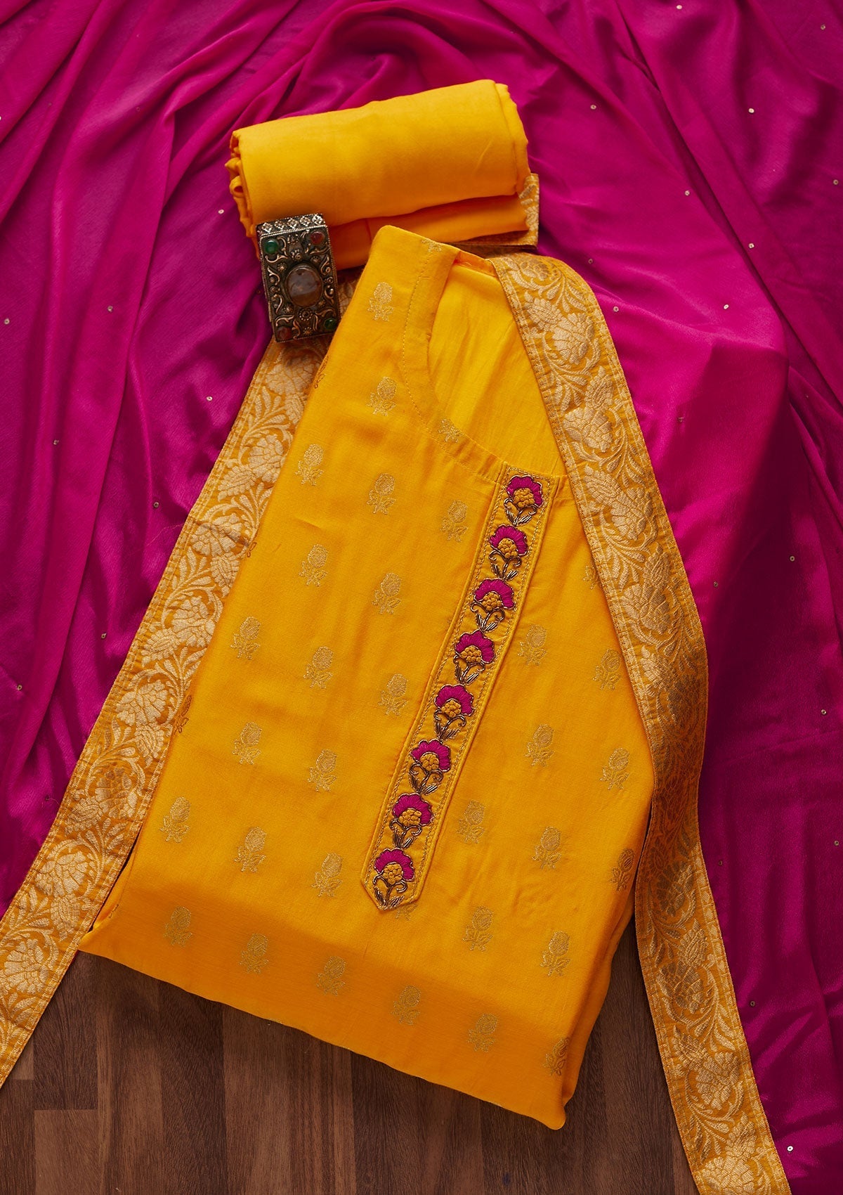 Yellow Zariwork Raw Silk Designer Semi-Stitched Salwar Suit - Koskii