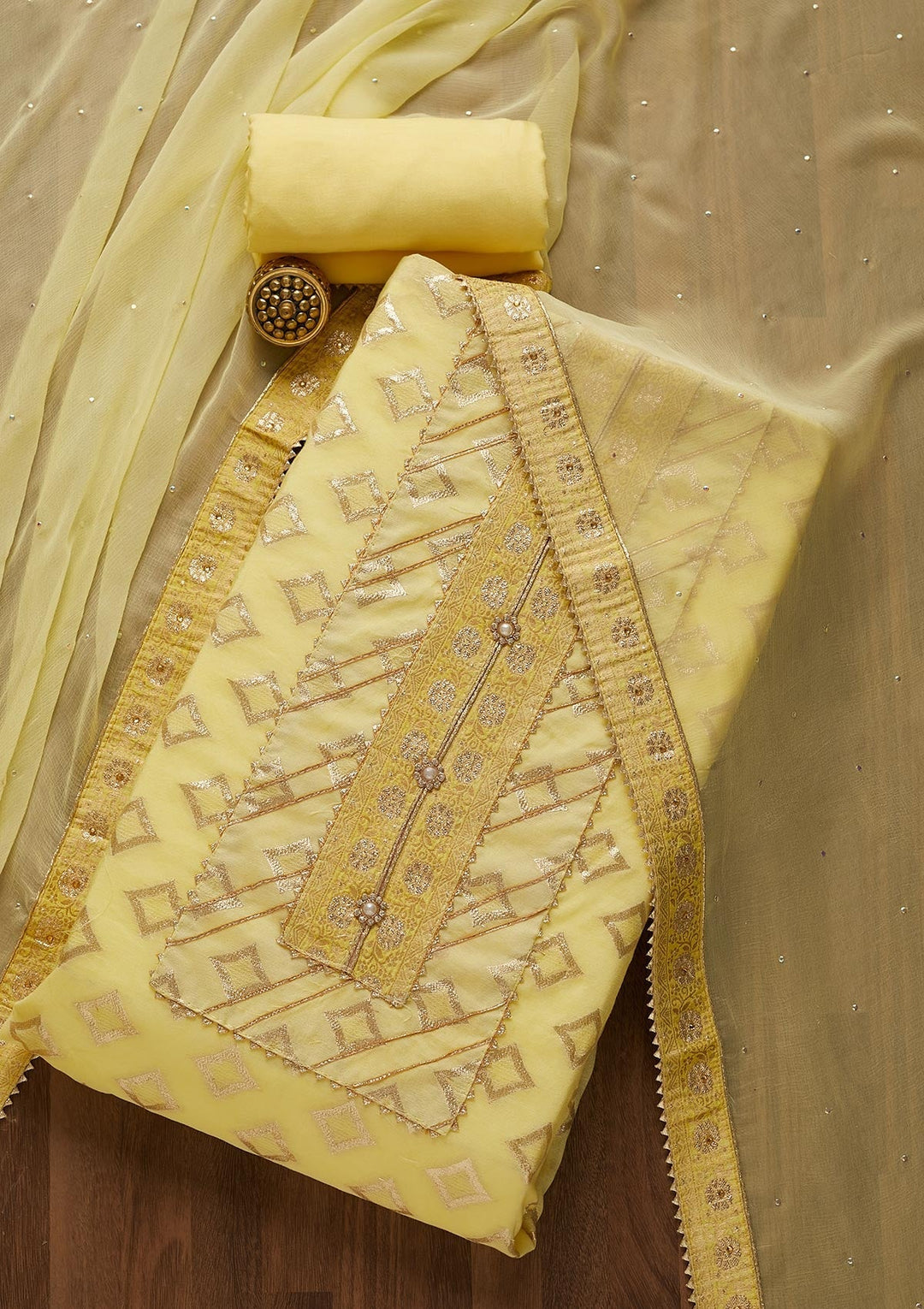 Yellow Zariwork Raw Silk Unstitched Salwar Suit-Koskii