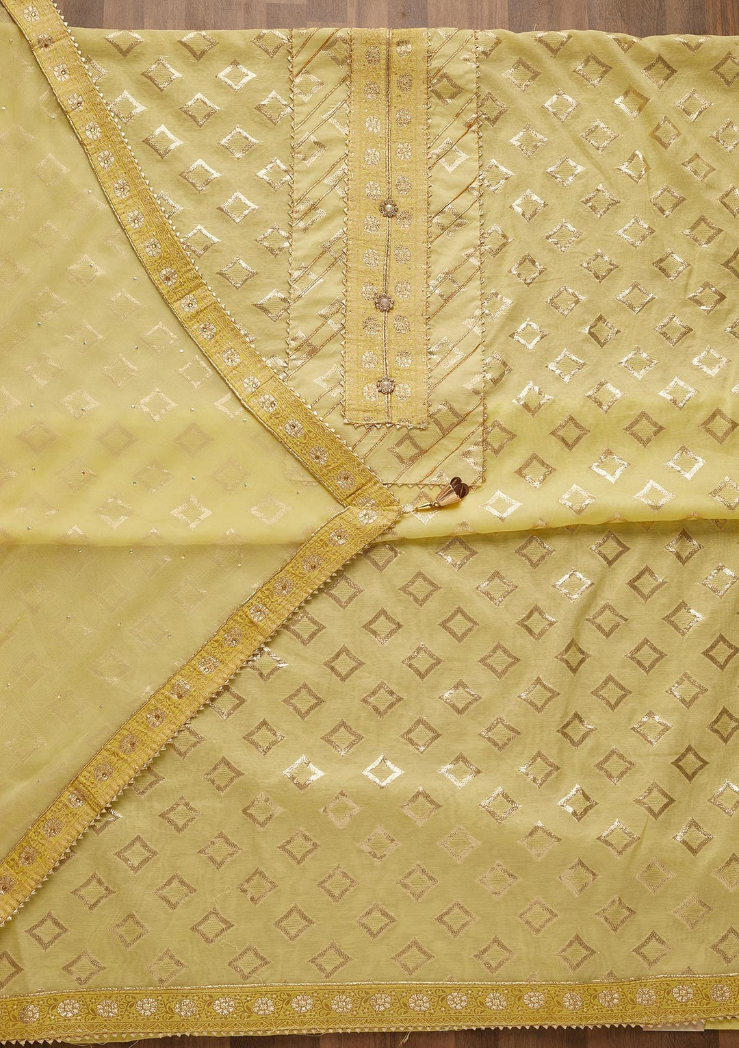 Yellow Zariwork Raw Silk Unstitched Salwar Suit-Koskii