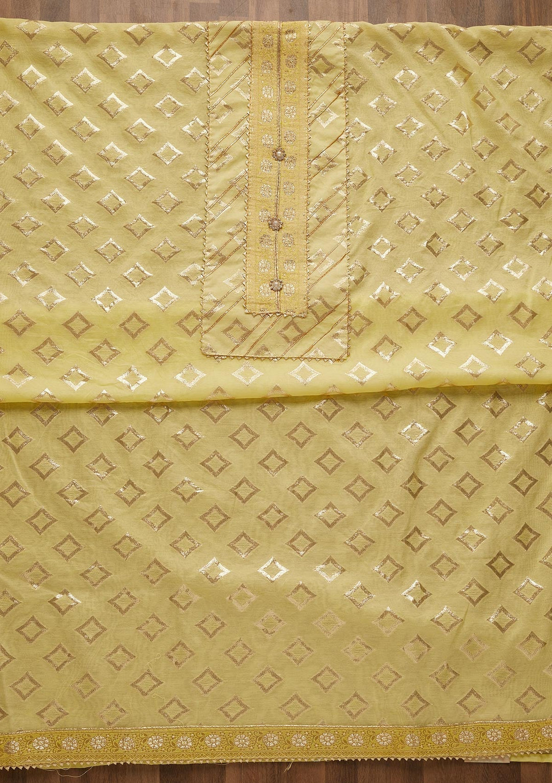 Yellow Zariwork Raw Silk Unstitched Salwar Suit-Koskii