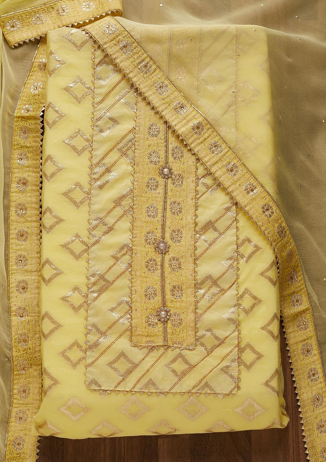 Yellow Zariwork Raw Silk Unstitched Salwar Suit-Koskii