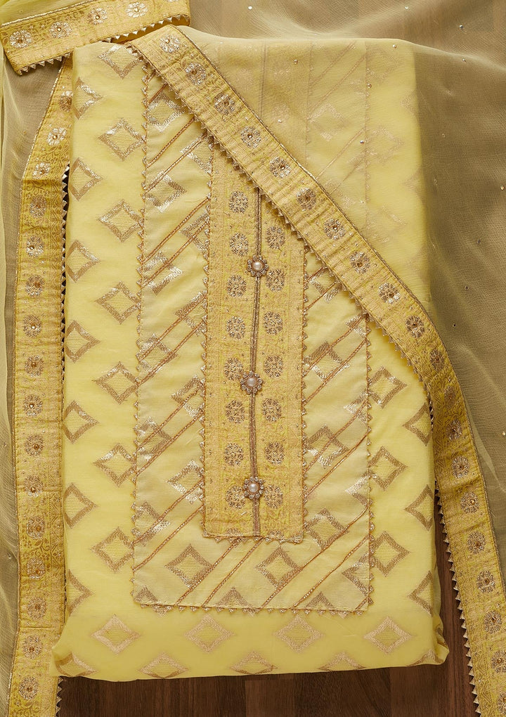Yellow Zariwork Raw Silk Unstitched Salwar Suit-Koskii
