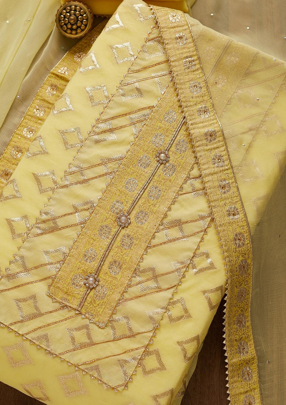 Yellow Zariwork Raw Silk Unstitched Salwar Suit-Koskii