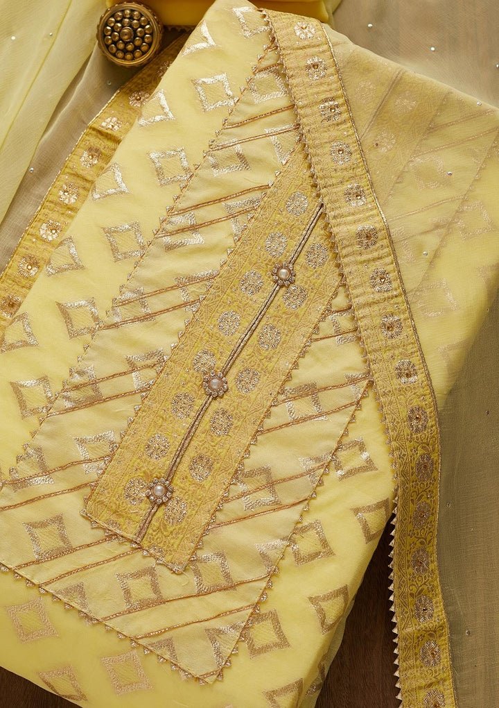 Yellow Zariwork Raw Silk Unstitched Salwar Suit-Koskii