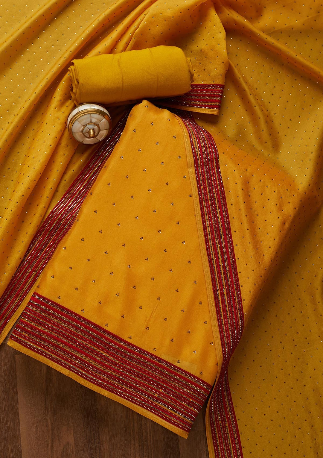 Yellow Zariwork Raw Silk Unstitched Salwar Suit-Koskii