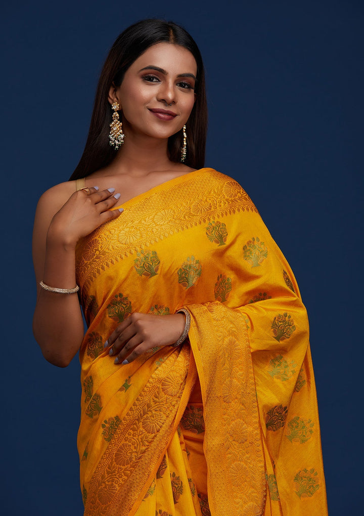 Yellow Zariwork Raw Silk Designer Saree - Koskii